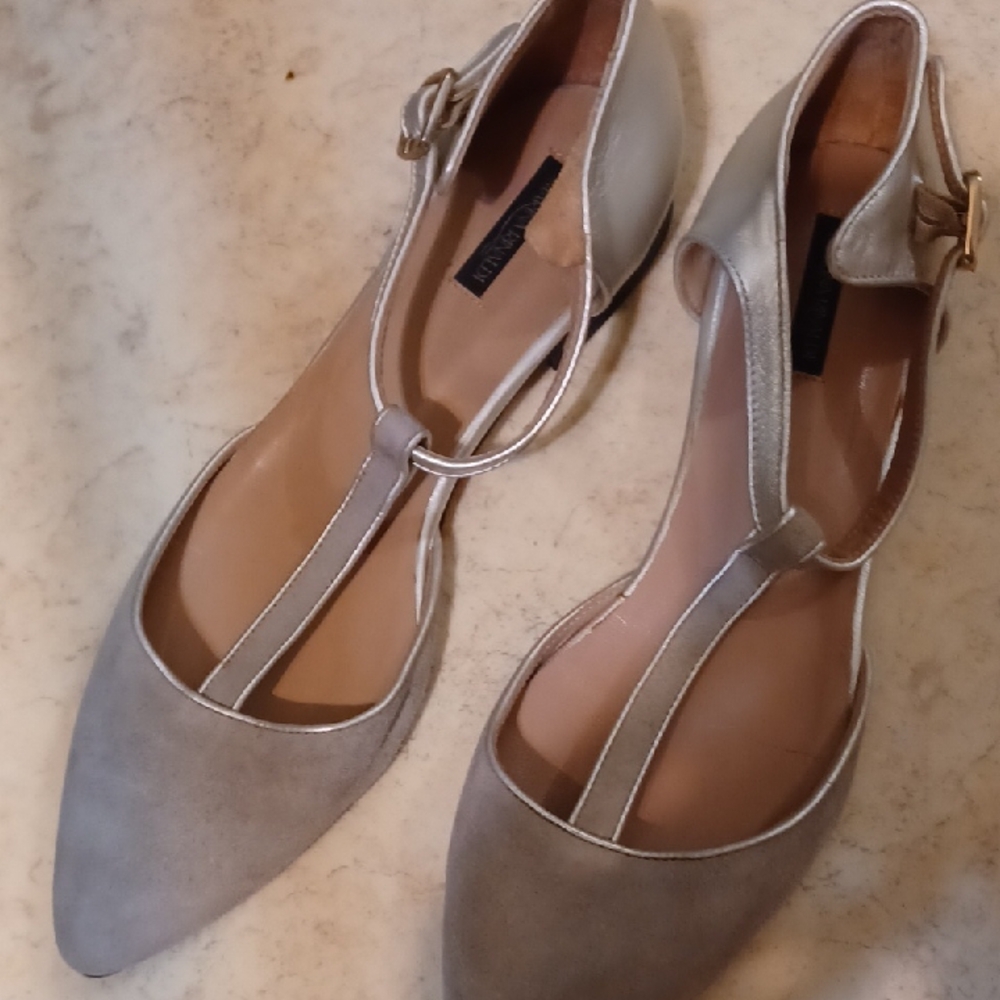 MARINA RINALDI   Women's Silver and Tan T-STRAPED FLATS